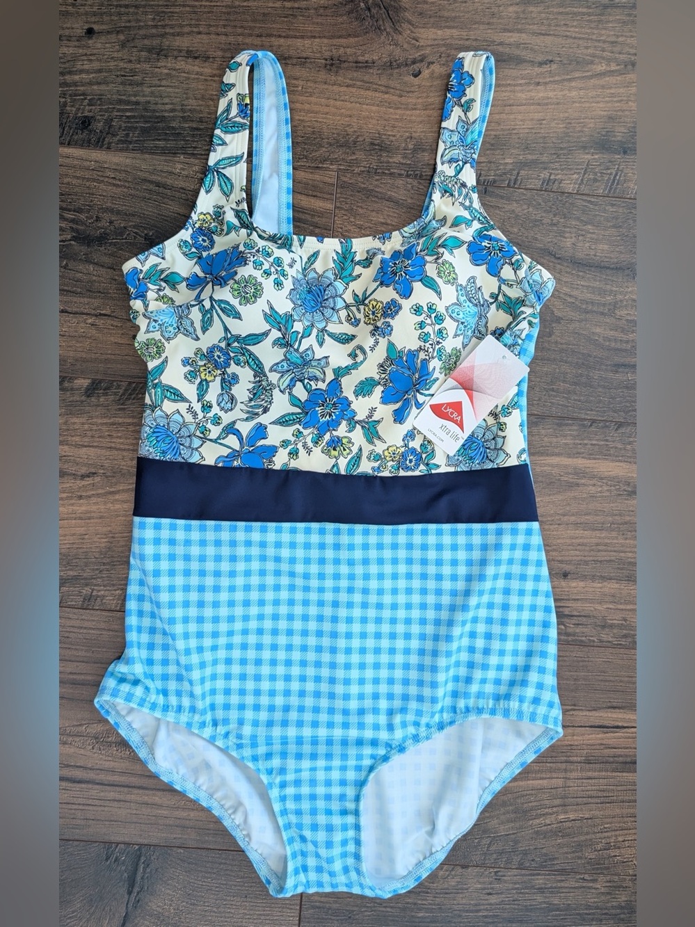 Lands' End Women’s Scoop Neck Soft Cup One Piece Floral Gingham NWT Size 10